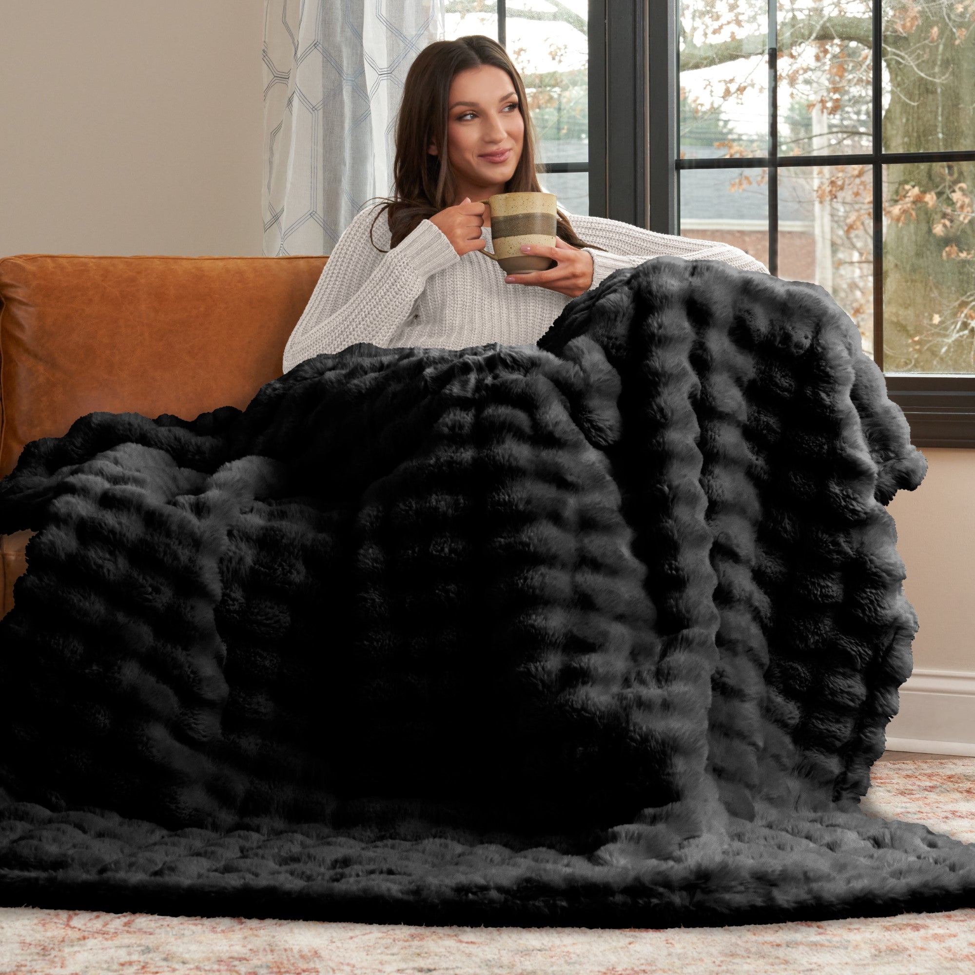 Ultra Fine Faux Fur Throw Blanket Jet Black 50X70 Inches