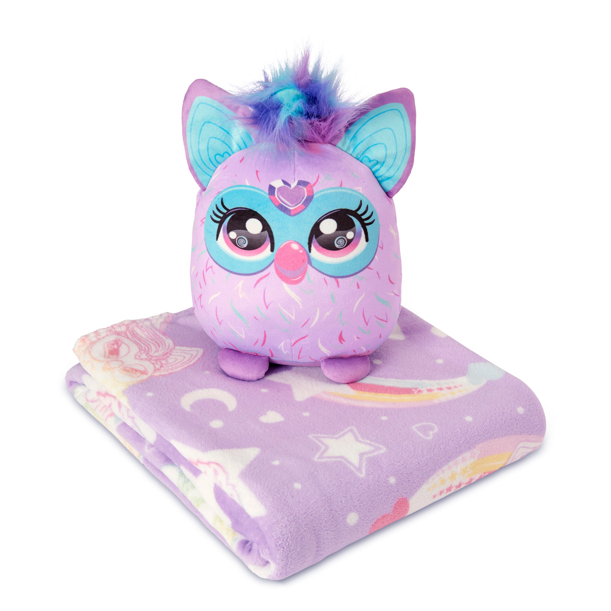 Furby Starry Rainbows Silk Touch Throw Blanket, 50×60 inches and 11 inch Plush Set