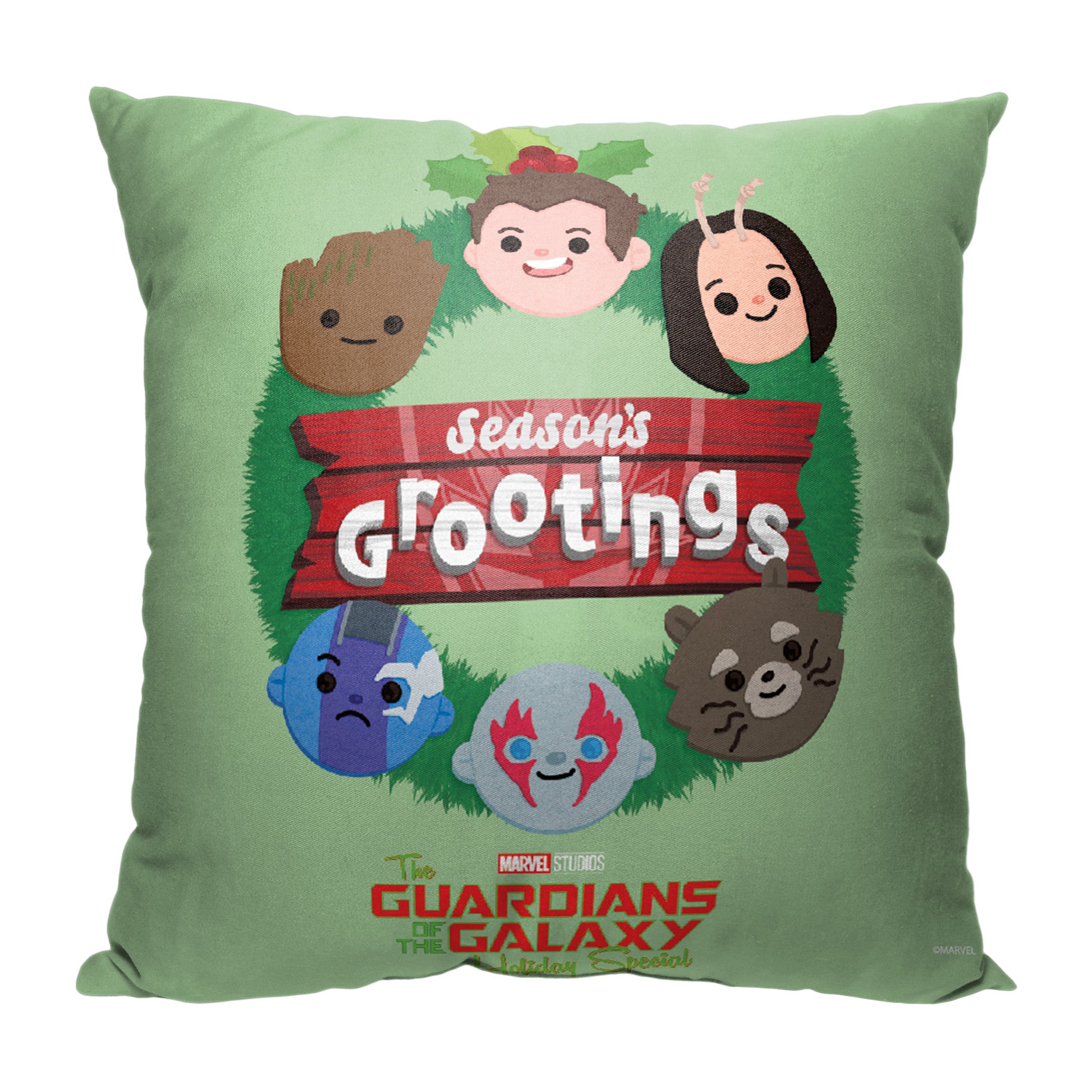 Marvel Guardians of the Galaxy Holiday Seasons Grootings Wreath Throw Pillow 18x18 Inches