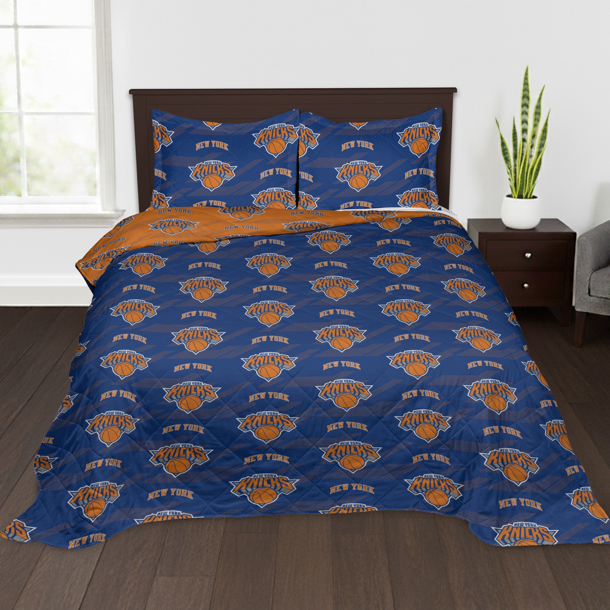 NBA New York Knicks Motion Vector Quilted Throw Blanket and Sham Set 90x90 inches