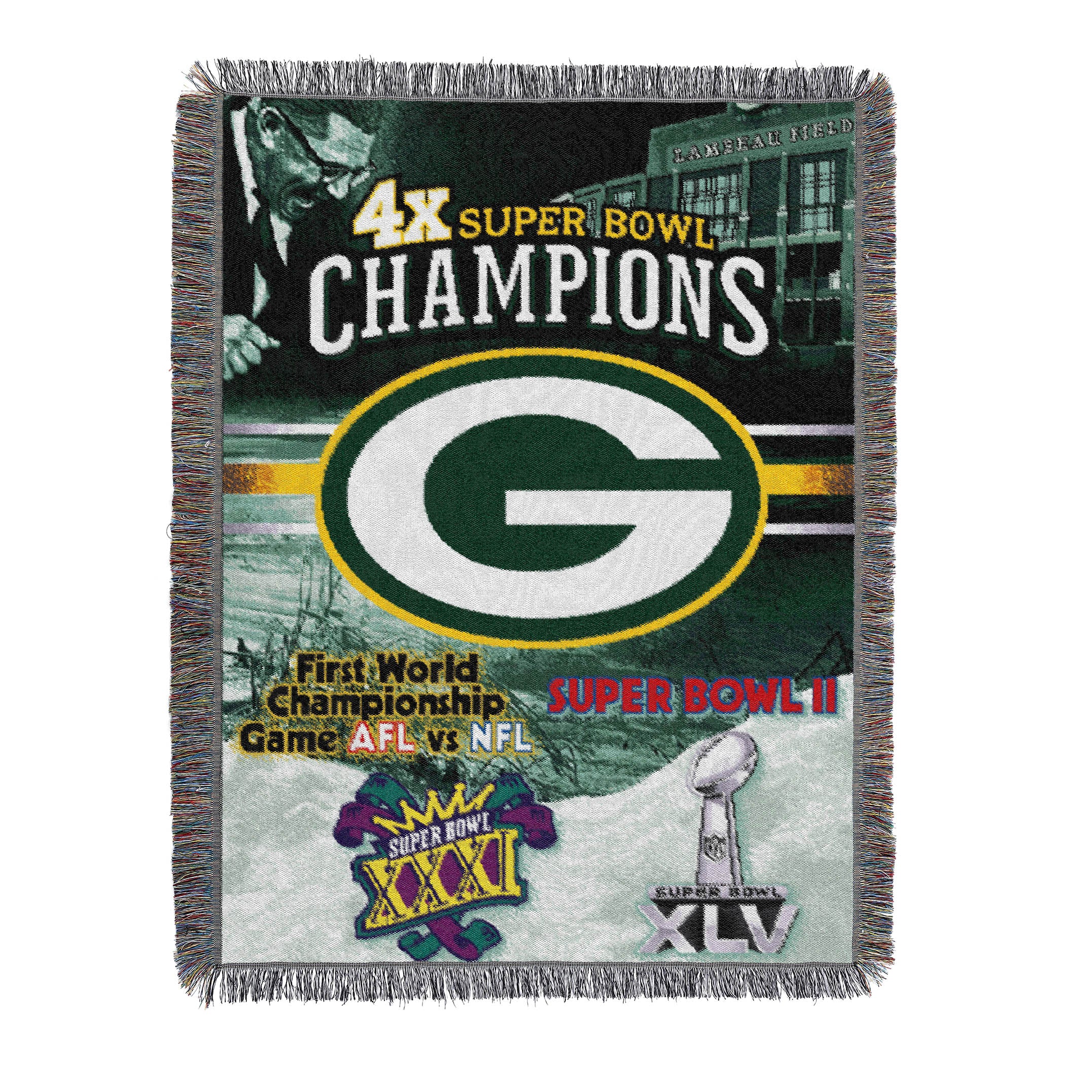 NFL Green Bay Packers Commemorative Series 4x Champs Woven Tapestry Blanket 48x60 Inches