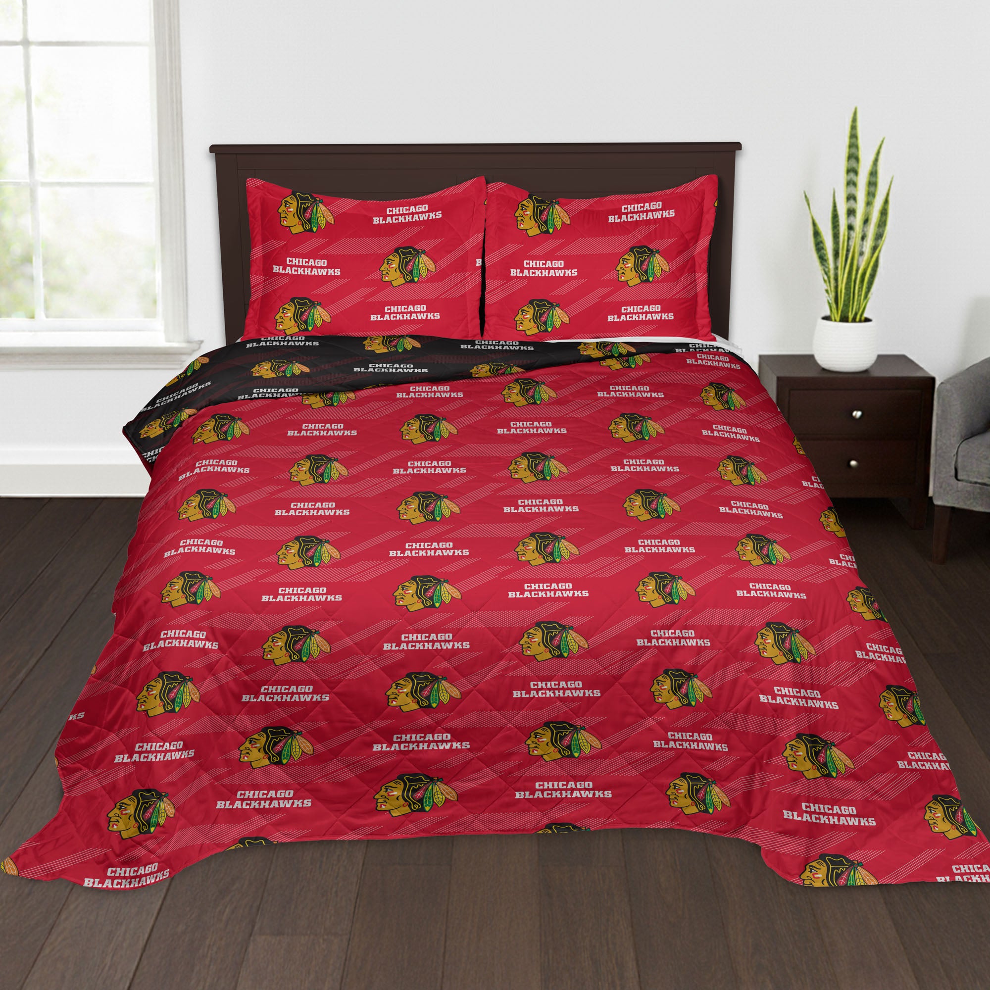NHL Chicago Blackhawks Motion Vector Quilted Throw Blanket and Sham Set 90x90 inches