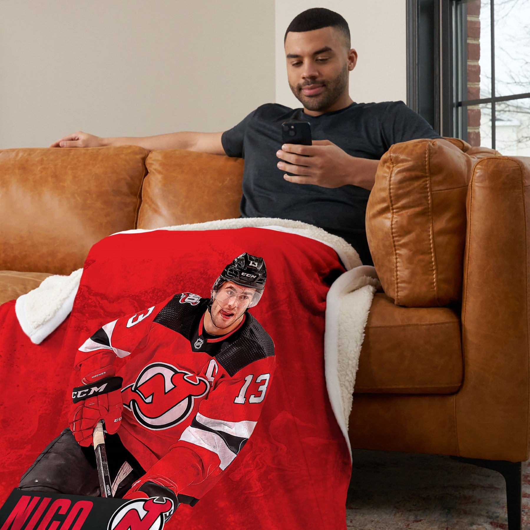 New Jersey Devils Nico Hischier NHL Silk Touch Sherpa Throw Blanket 50X60 Inches