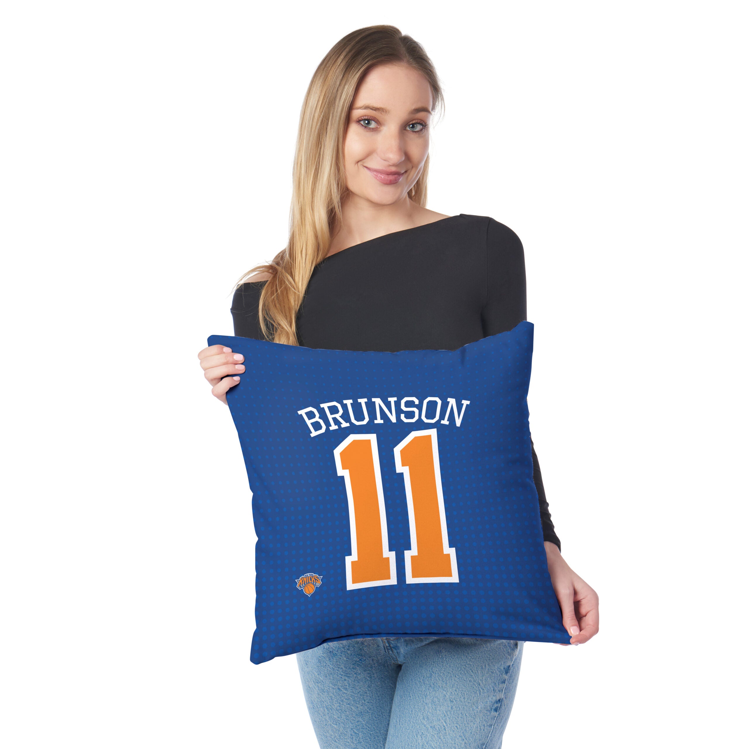 New York Knicks Jalen Brunson Name and Number Throw Pillow 18x18 inches