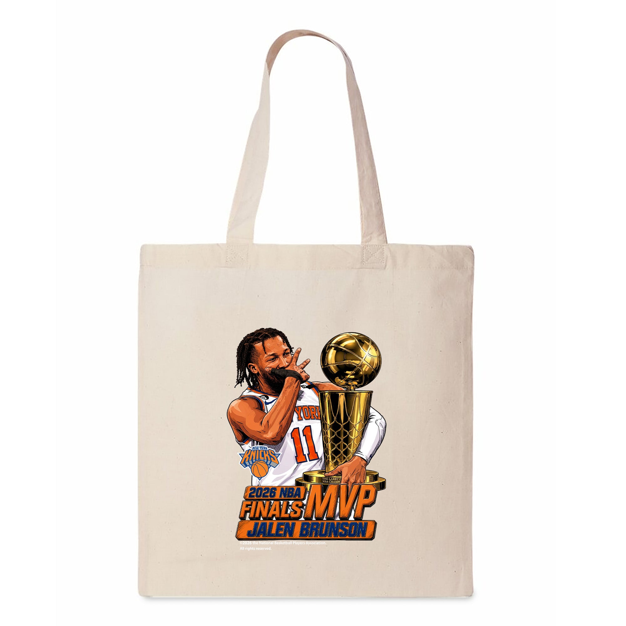 New York Knicks Jalen Brunson 2026 NBA Finals MVP Celly Tote Bag 14x15 inches