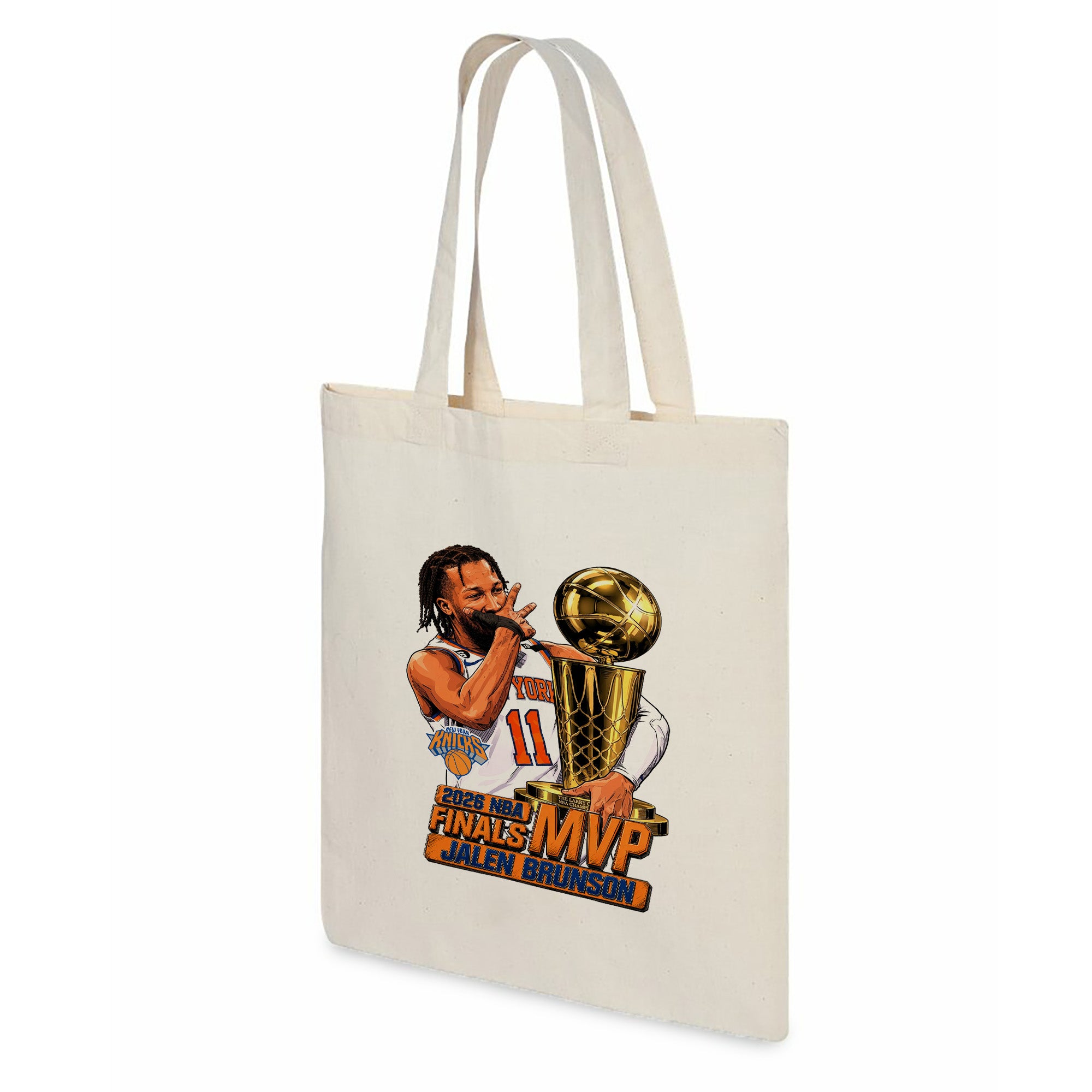 New York Knicks Jalen Brunson 2026 NBA Finals MVP Celly Tote Bag 14x15 inches