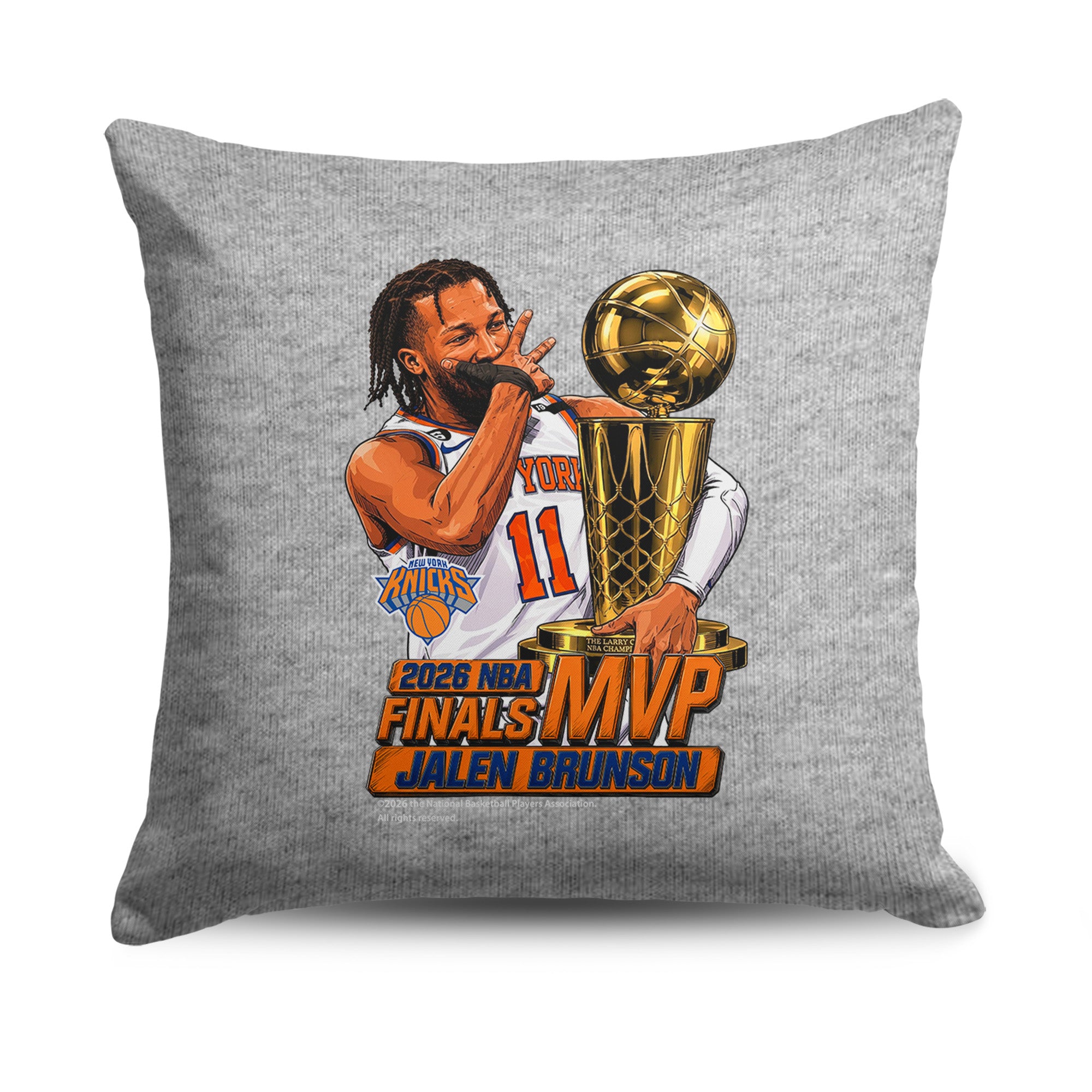 New York Knicks Jalen Brunson 2026 NBA Finals MVP Celly Sweatshirt Pillow 16x16 inches