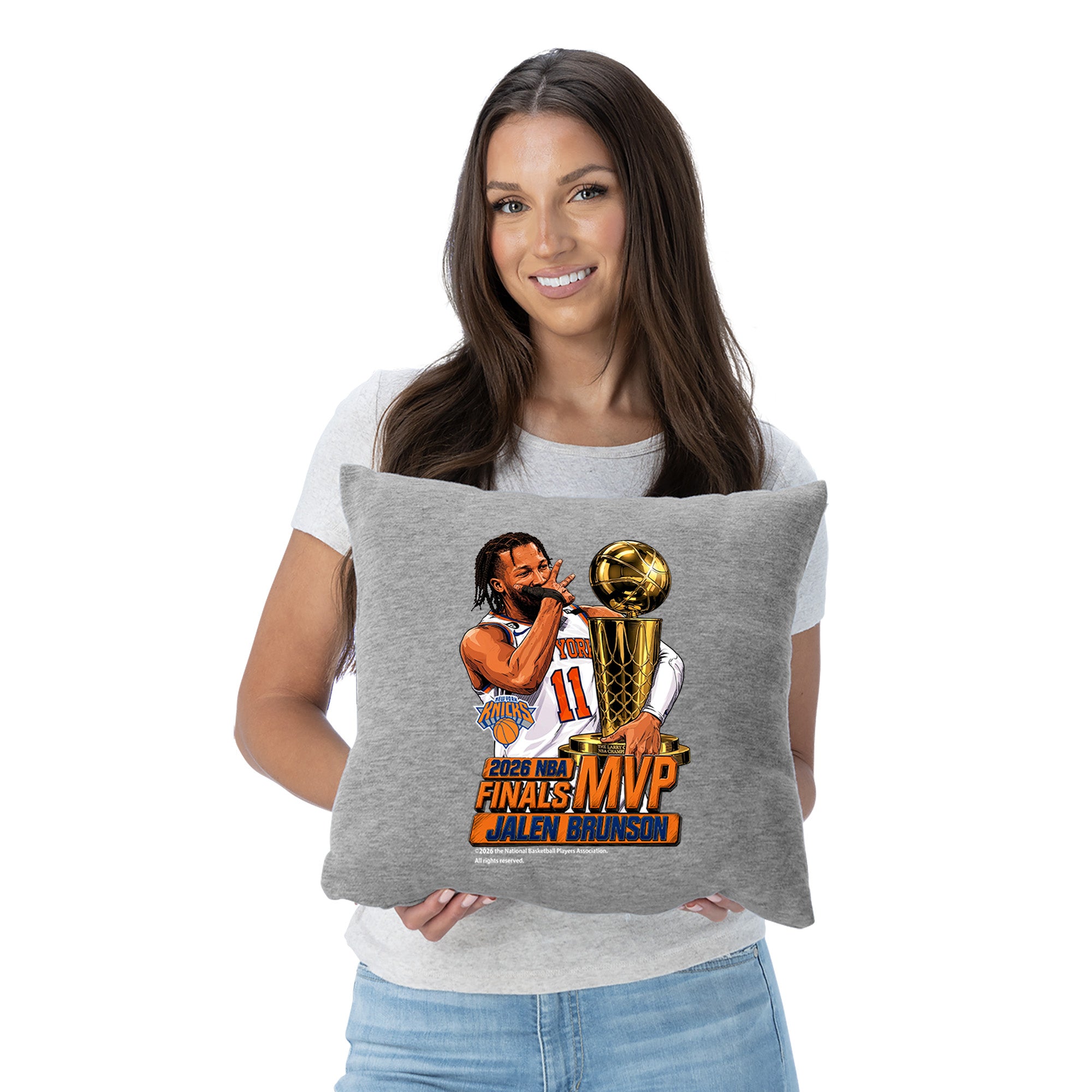 New York Knicks Jalen Brunson 2026 NBA Finals MVP Celly Sweatshirt Pillow 16x16 inches