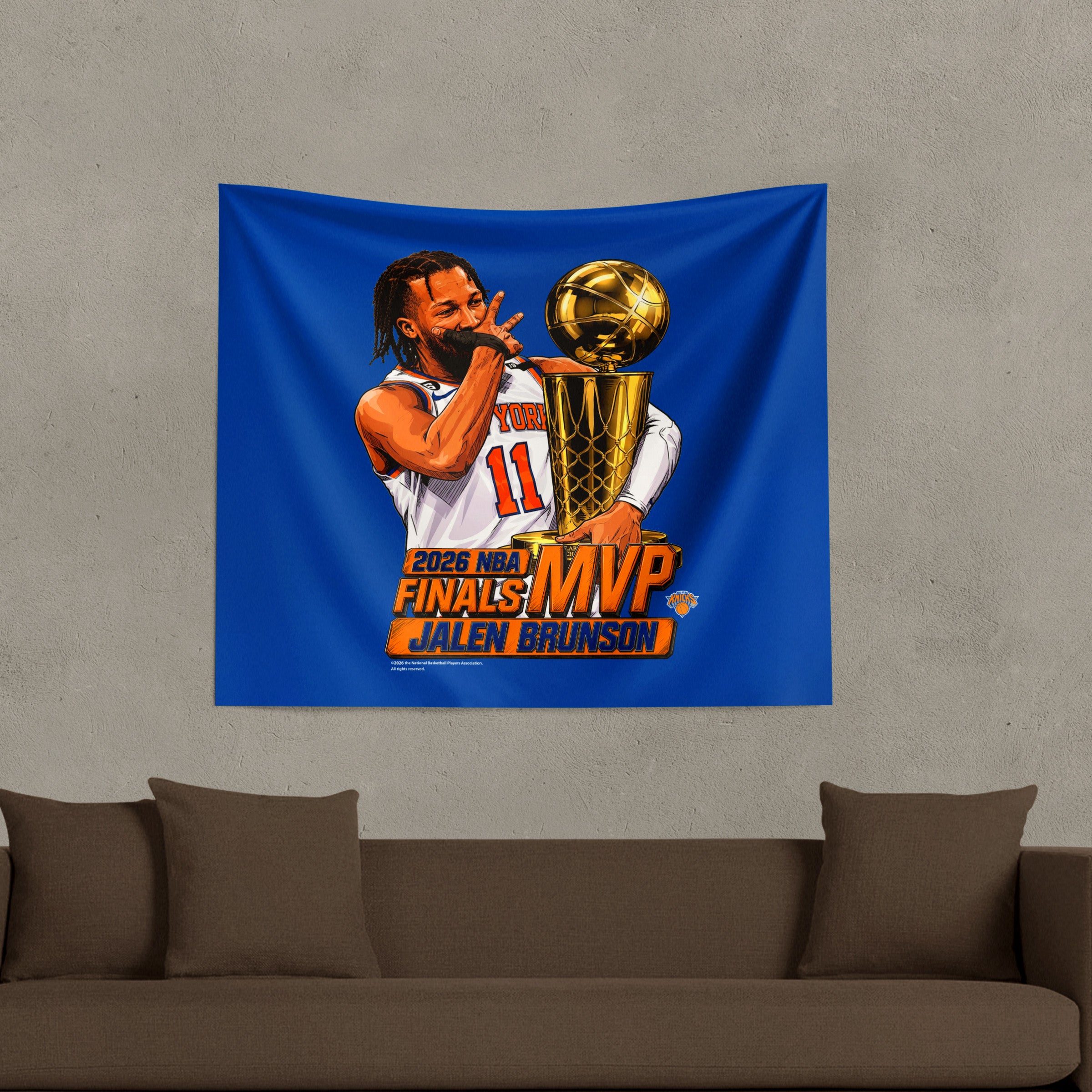 New York Knicks Jalen Brunson 2026 NBA Finals MVP Celly Wall Hanging Tapestry 34x40 inches