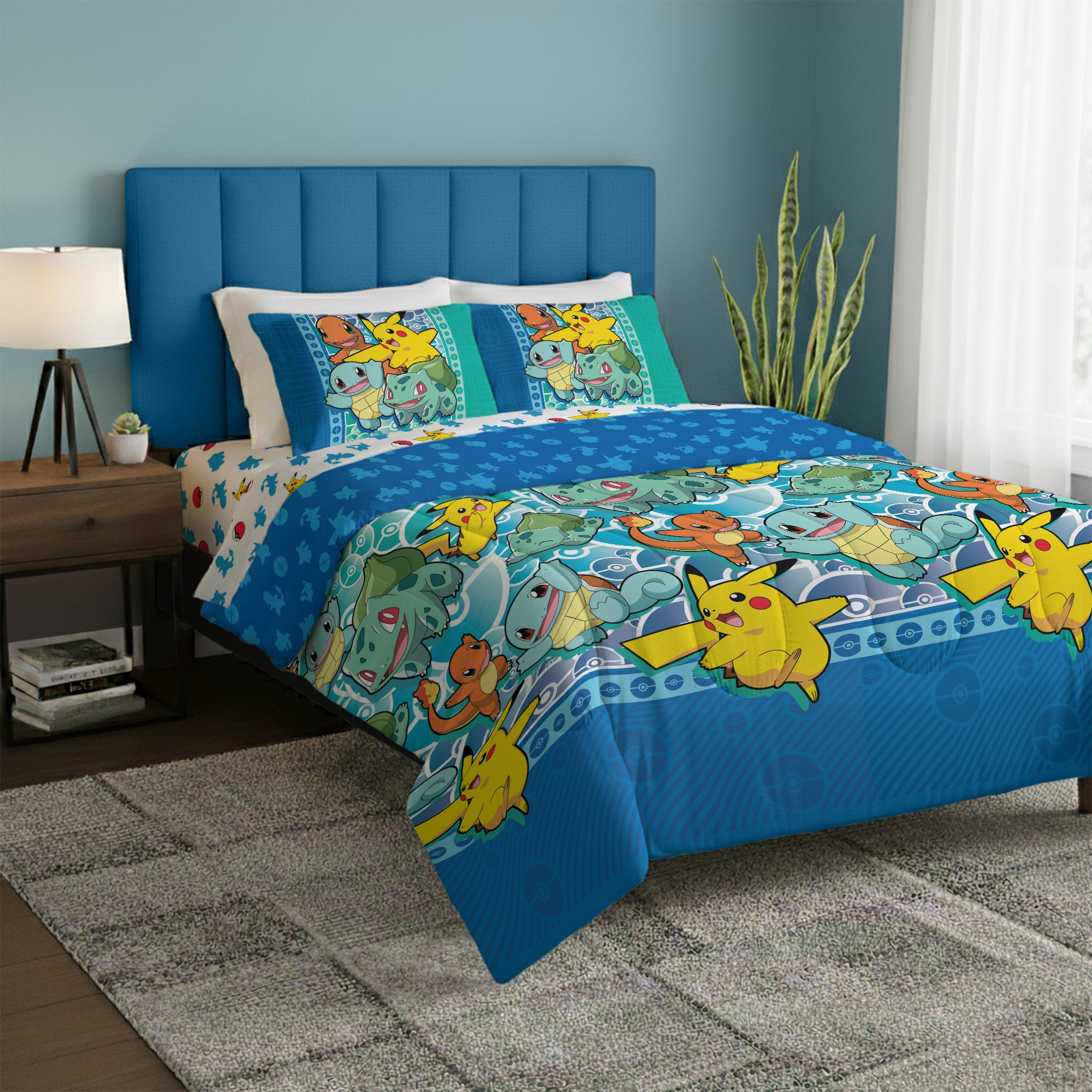 Pokemon First Starters Bed In A Bag Set Full, Anime Bedding Set with Comforter and Sheets, 76x86 Inches