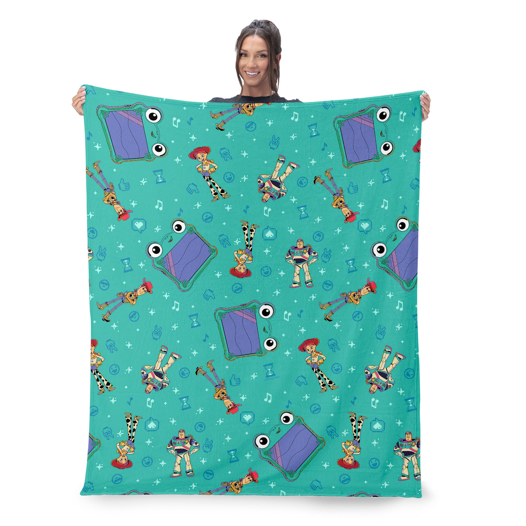 Disney Pixar Toy Story 5 Tablet Pattern Silk Touch Sherpa Throw Blanket 50x60 inches