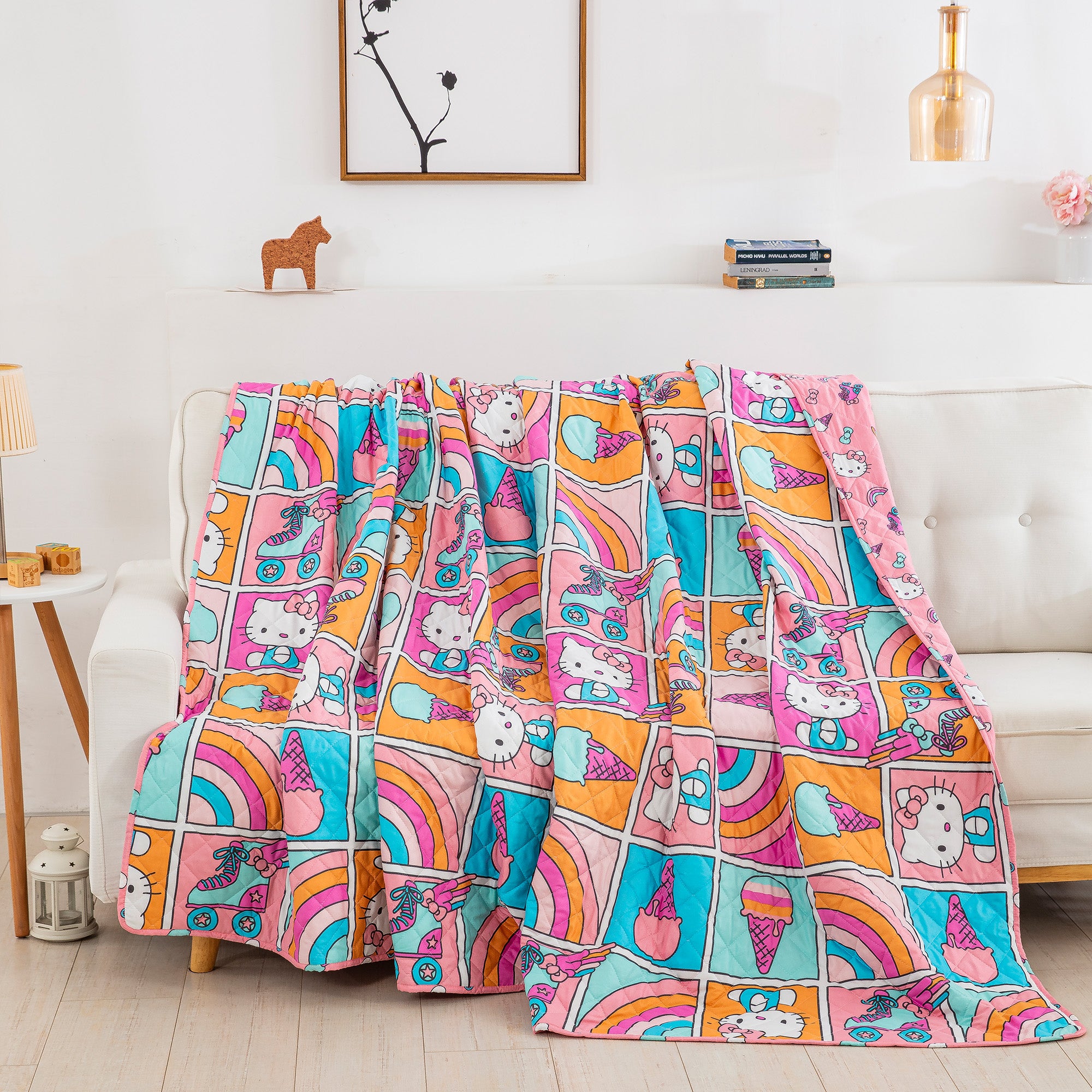 Hello Kitty Rainbow Pink Full/Queen Quilted Blanket 90x90 inches