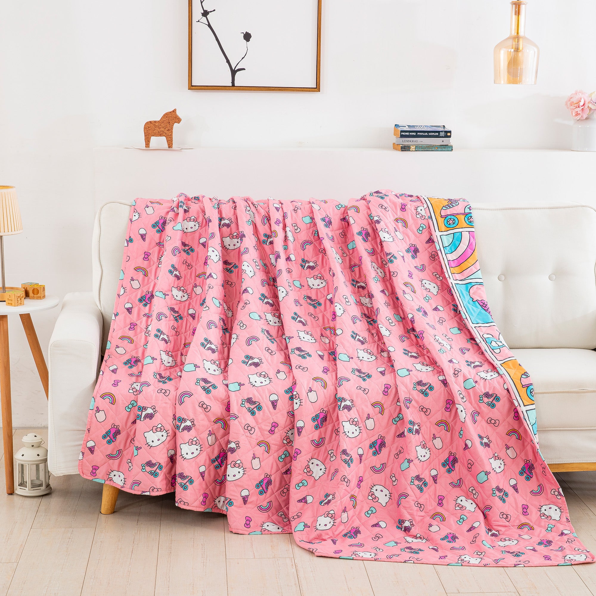 Hello Kitty Rainbow Pink Full/Queen Quilted Blanket 90x90 inches