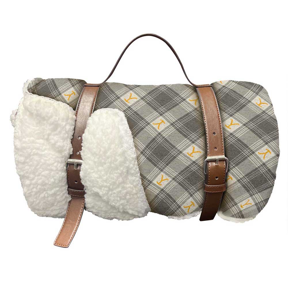 Paramount Yellowstone Dutton Plaid Silk Touch Sherpa Throw Blanket With Carrying Strap 60x70 Inches